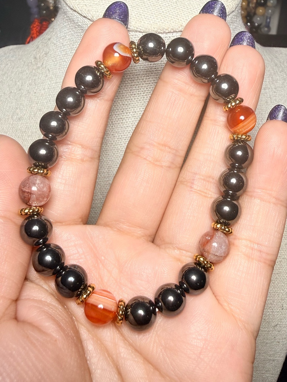 8mm Hematite, Fire Quartz & Carnelian Bracelet